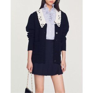 SANDRO Porcelaine embroidered-collar wool-knit cardigan